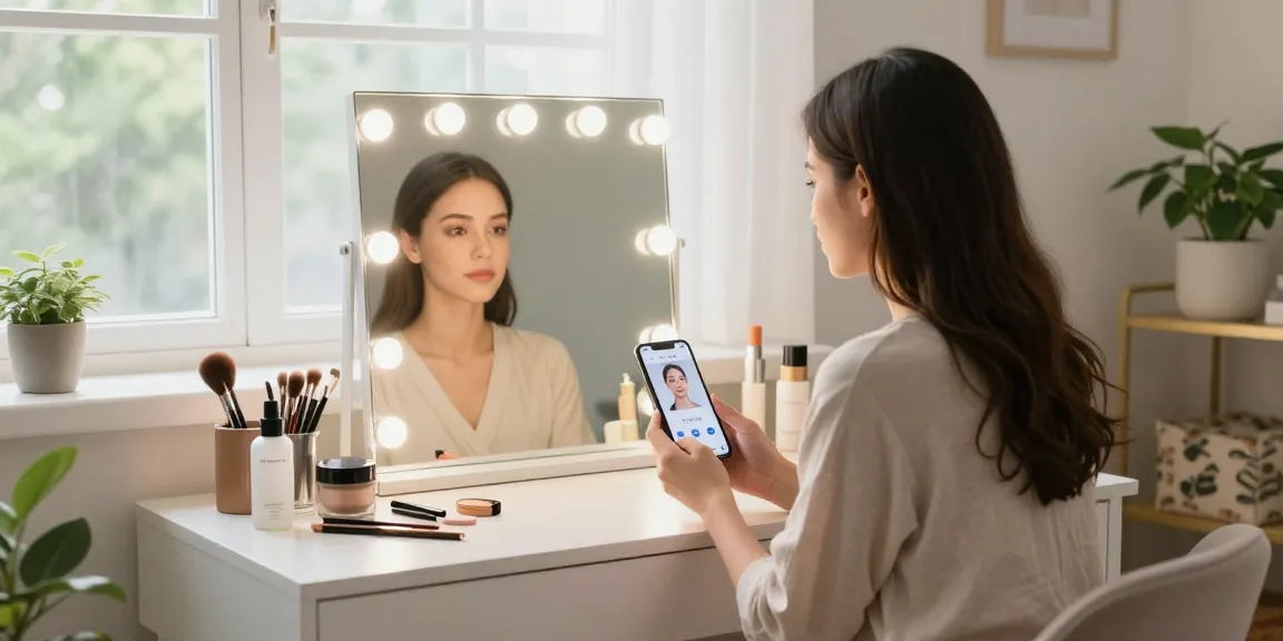 Individual using a digital application for the test of attractiveness at a vanity table in a well-lit environment