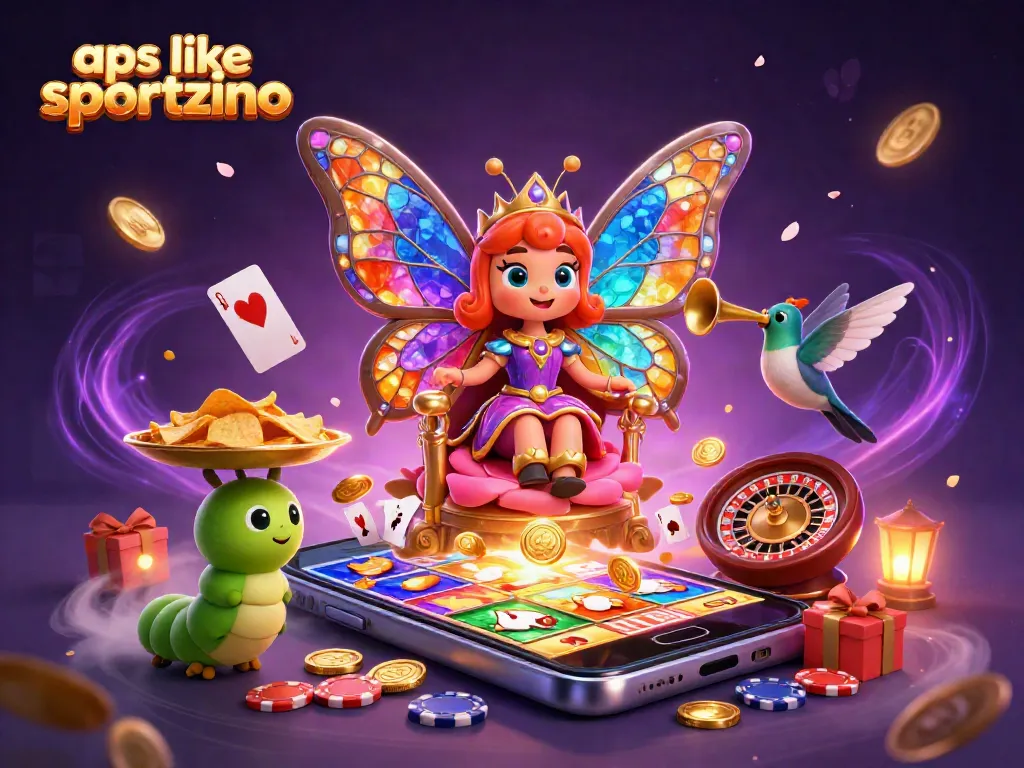 Engage with apps like Sportzino through captivating slot games while a butterfly queen oversees the fun.