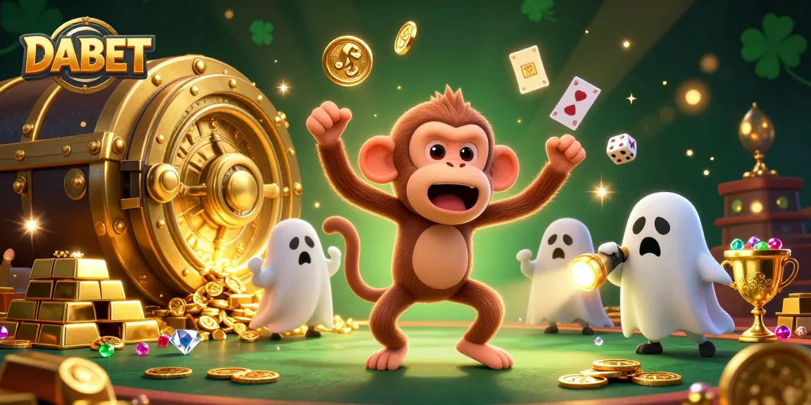 DABET showcases a playful poltergeist monkey juggling gold in a haunted casino scene.