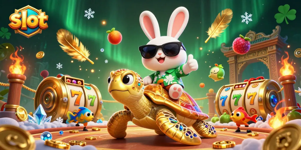 Engage in thrilling slot gameplay with a cartoon lucky rabbit and golden sea turtle adventure