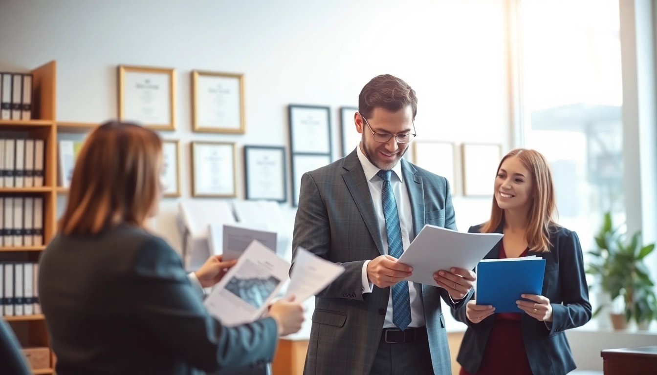 Engaged agents providing Title Insurance Services to clients in a welcoming office setting.