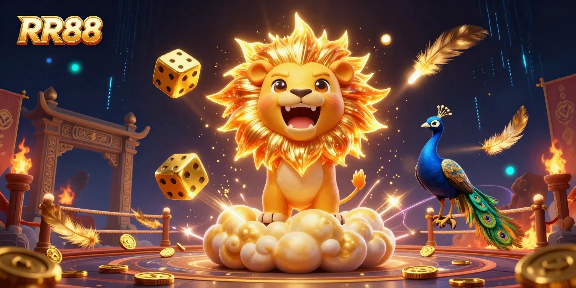 Experience thrilling action with RR88 in a dynamic casino illustration featuring golden elements and vibrant visuals.