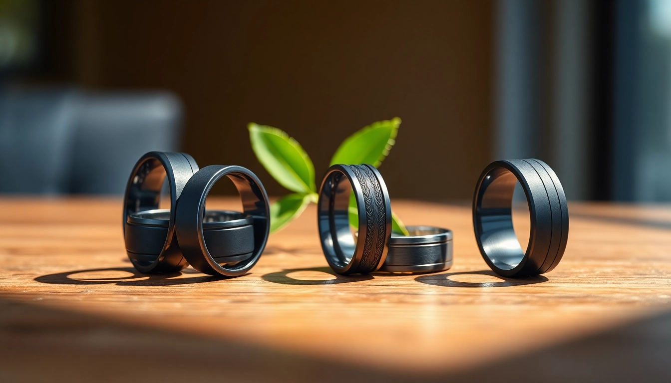Showcase of elegant Black Wedding Rings for Men featuring different styles and textures.