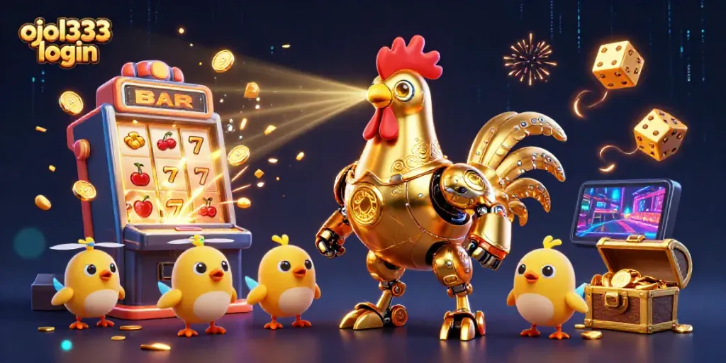 Experience the thrilling ojol333 login with a dynamic 3D casino scene featuring a futuristic golden rooster robot.
