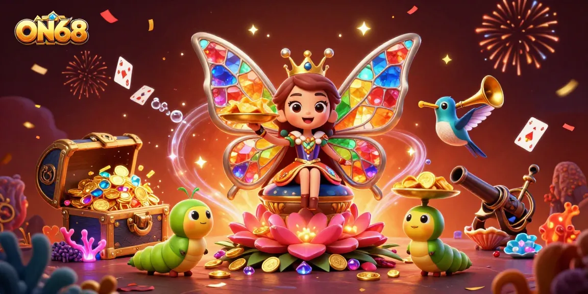 Engage with ON68's vibrant gaming world, showcasing a butterfly queen and treasure-filled casino scene.
