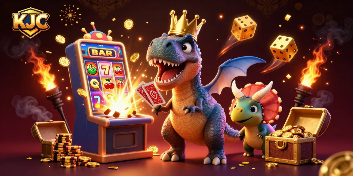 KJC engages players with a vibrant casino scene showcasing a T-Rex shuffling cards amidst golden treasures.