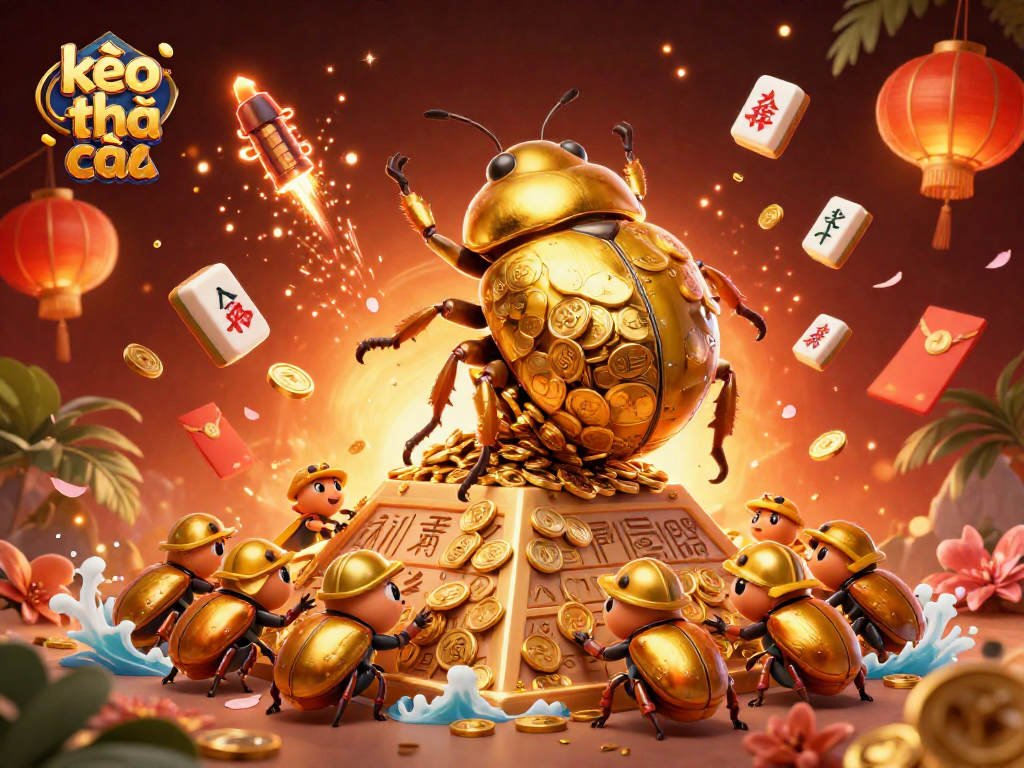 Engage with kèo nhà cái through a vibrant scene of golden beetles and floating casino elements.