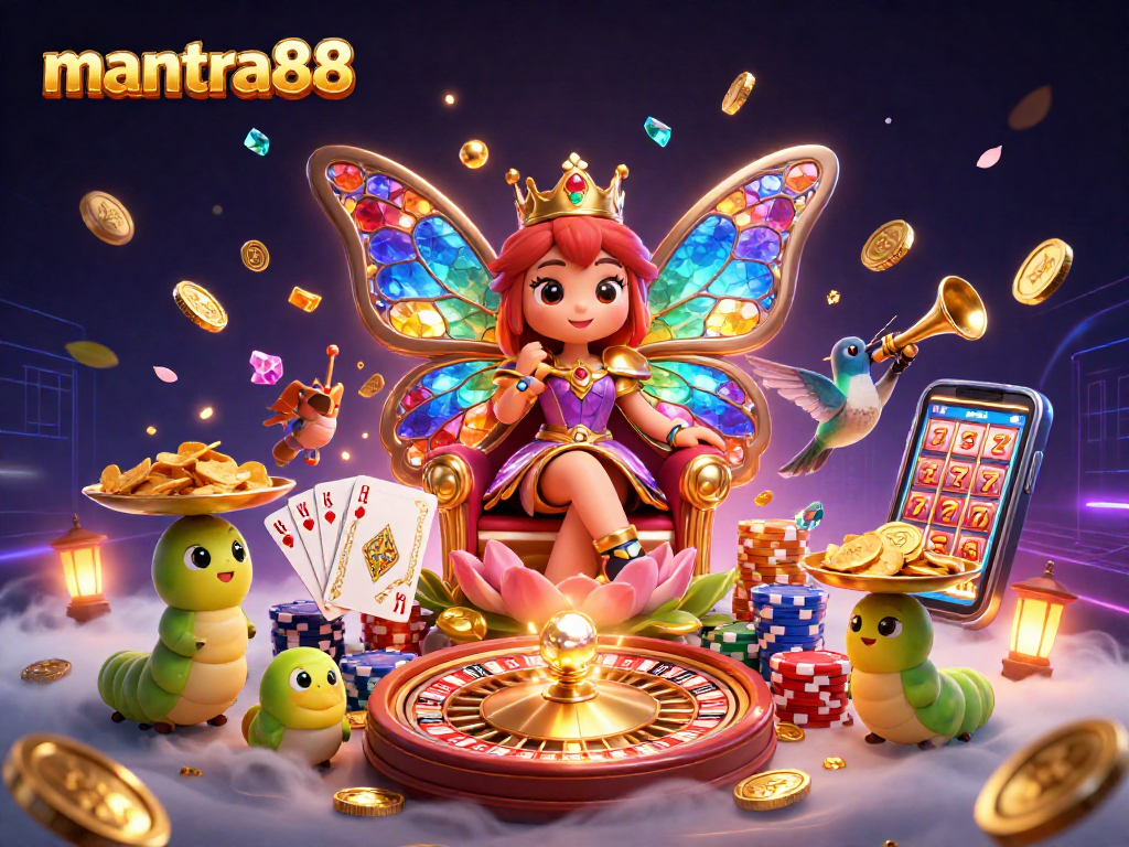 Experience mantra88 with a dazzling casino scene featuring a butterfly queen and gaming elements.