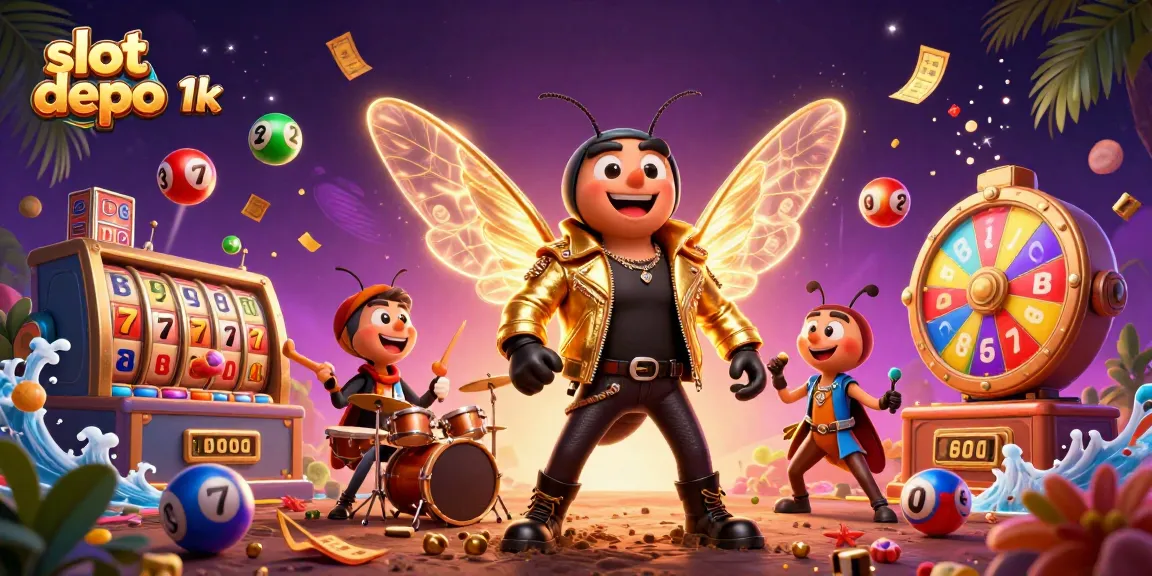 Engage with slot depo 1k excitement through a vibrant 3D illustration of a cicada rock star and lively casino elements.