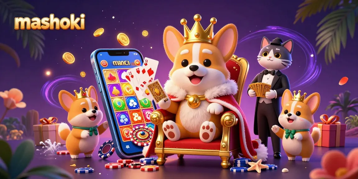 Engage in exciting mashoki gameplay with a lively casino scene featuring a royal corgi and dynamic elements.