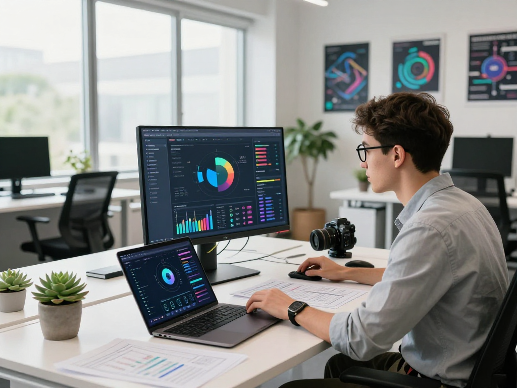 Young professional analyzing ai 18+ analytics dashboard in a modern tech office.