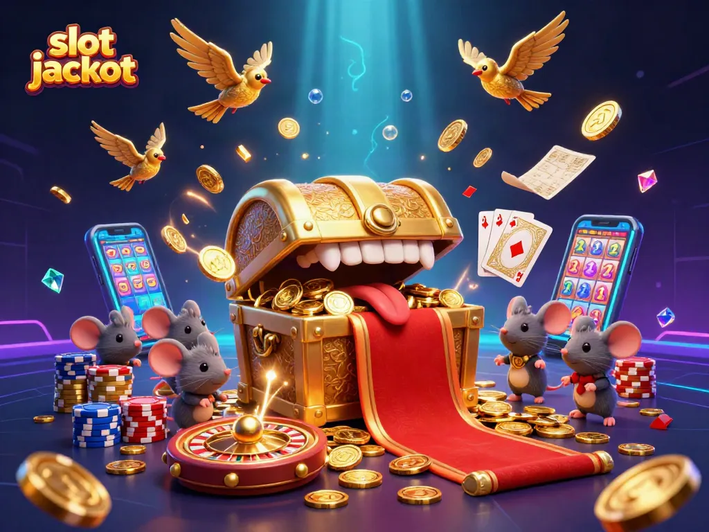 Experience exciting slot jackpot action with a vibrant 3D illustration of treasure and gaming elements.