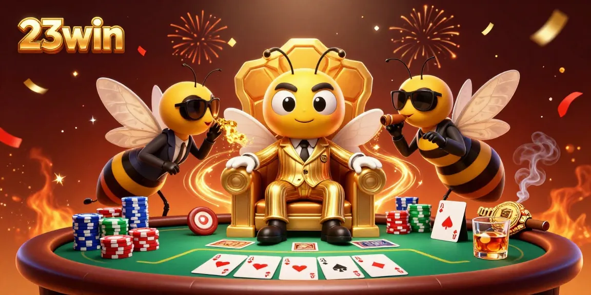Engage with 23win casino action featuring a bumblebee mob boss and vibrant poker scene.