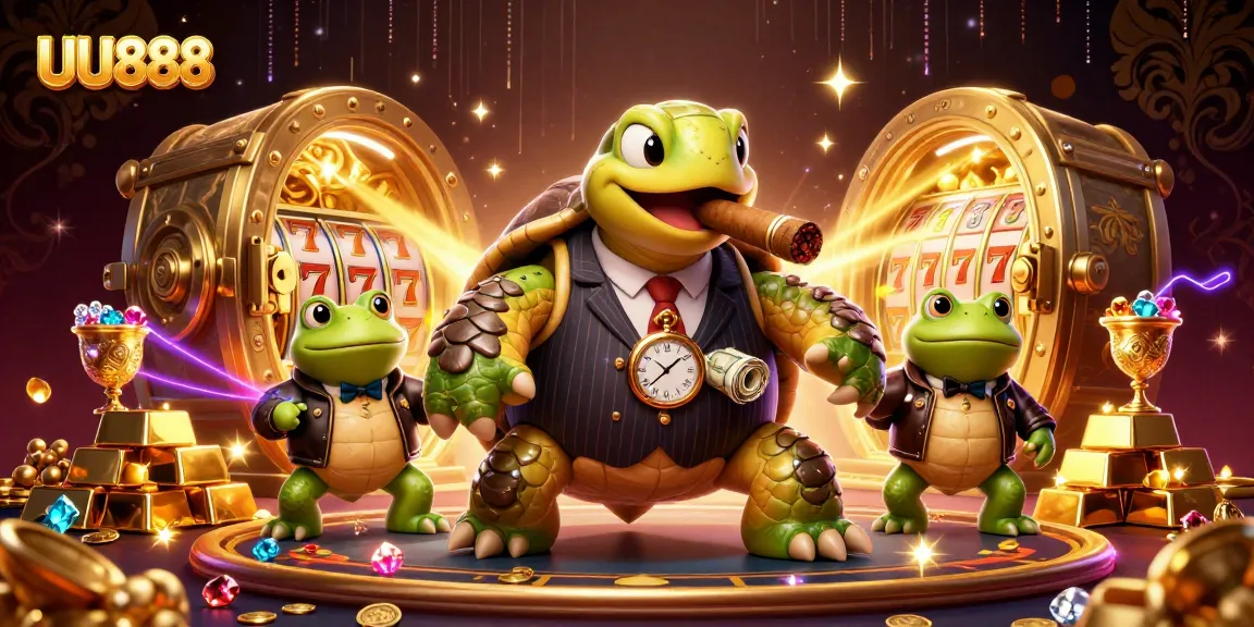 Engage with UU888’s thrilling jackpot scene with a turtle mobster and bullfrog enforcers.