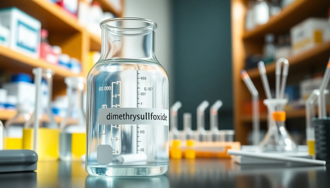 Observe dimethylsulfoxide in a beaker amidst laboratory equipment, showcasing its scientific use.