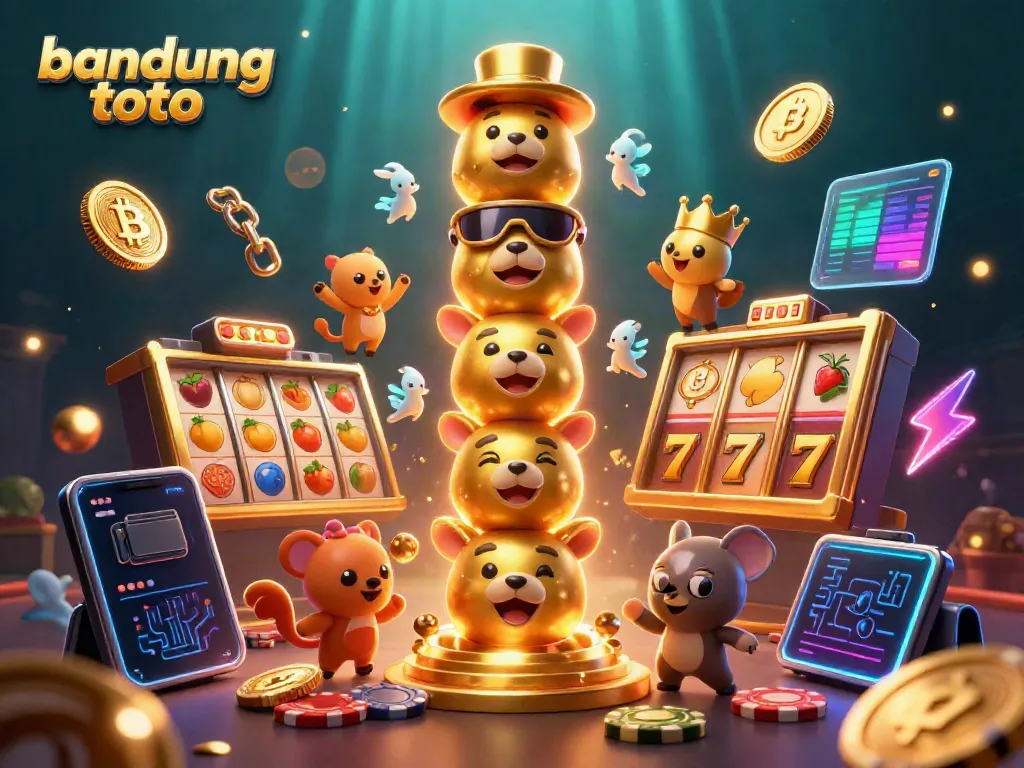 Experience the excitement of bandung toto with a vibrant 3D totem-themed casino illustration filled with gaming elements.