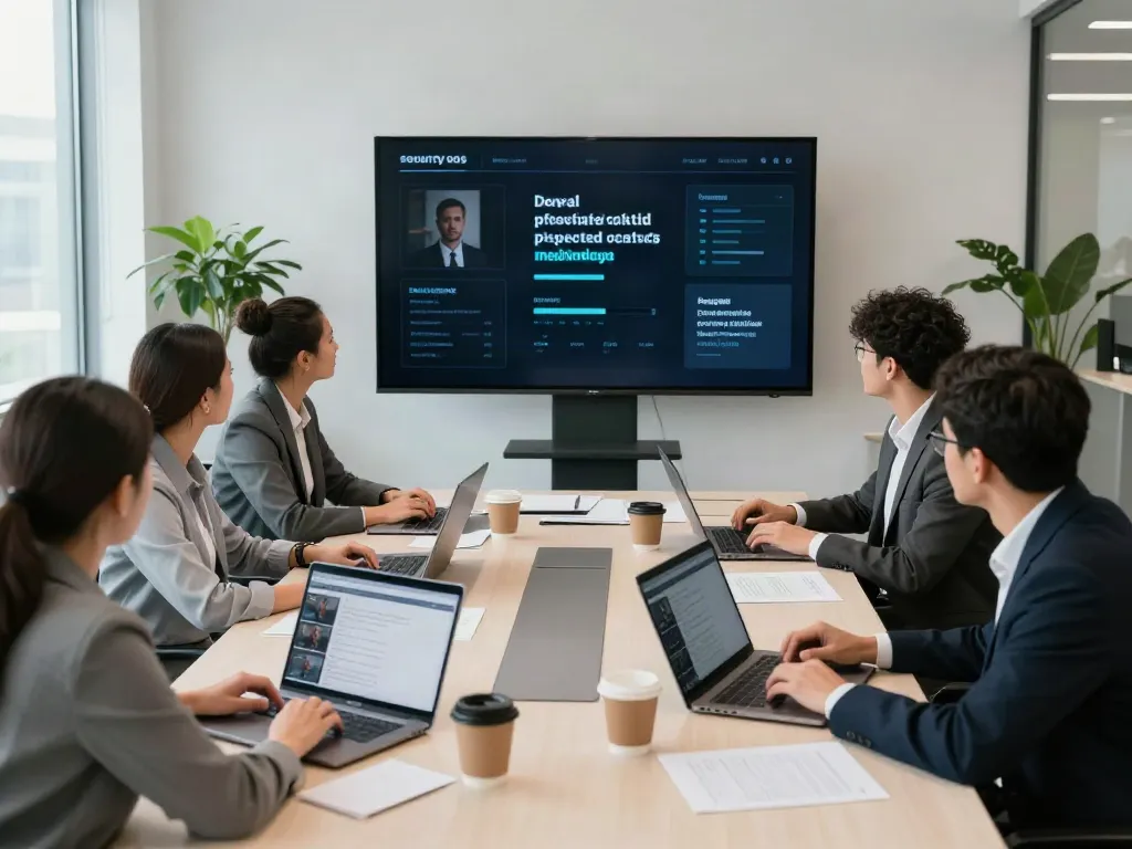 People in a modern corporate meeting discussing deepfake protected meetings in a stylish office.