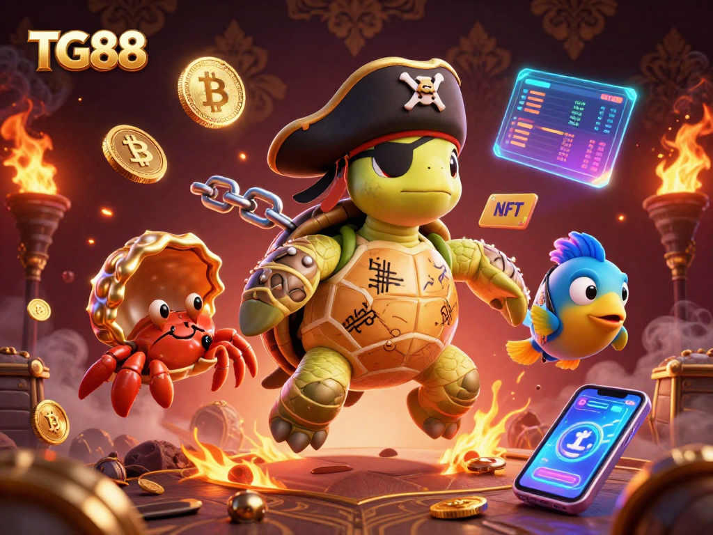 Experience the thrill of winning with TG88, as dynamic casino characters engage with floating cryptocurrency elements.