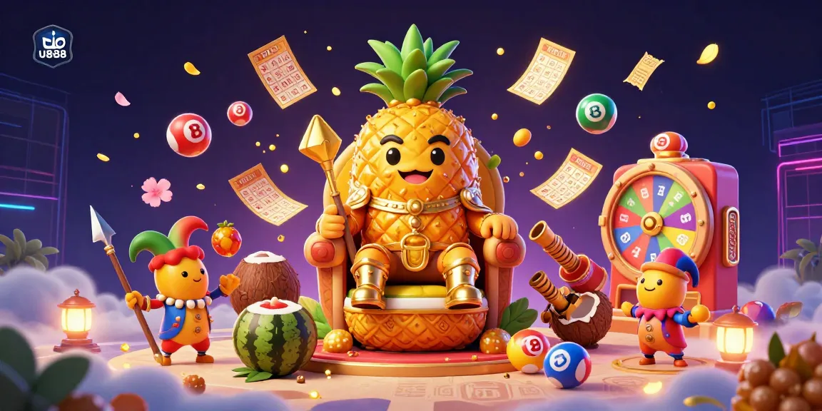 Experience the vibrant U888 casino with a golden pineapple king and dynamic lottery elements, perfect for exciting wins.