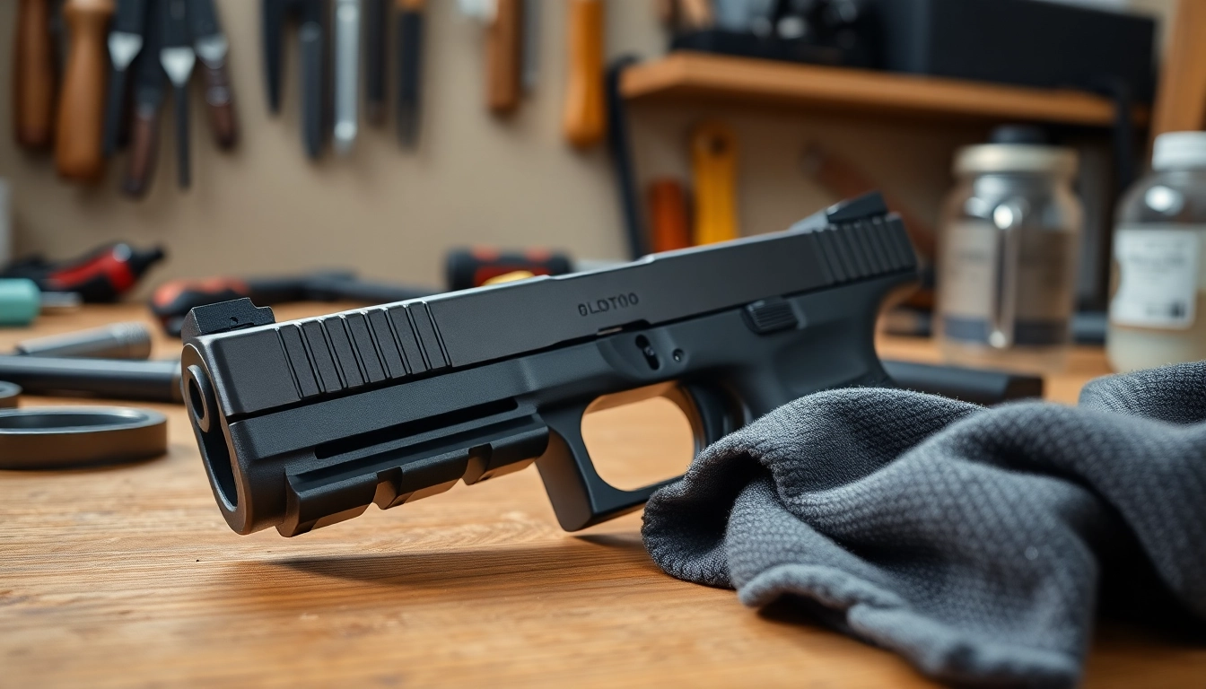Showcase of a glock 43x slide with detailed craftsmanship and metallic texture on a workbench.