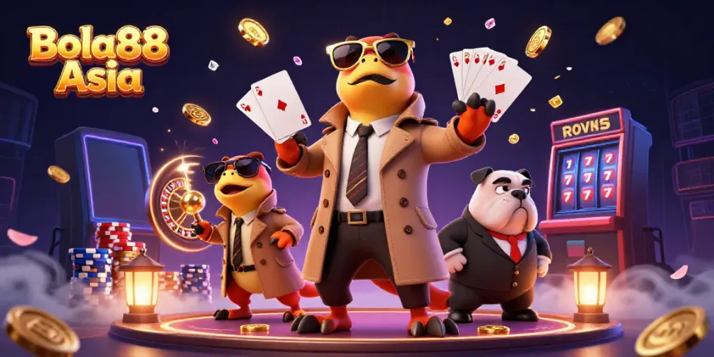 Experience the fun at Bola88 Asia with vibrant raptors entering a VIP casino scene.