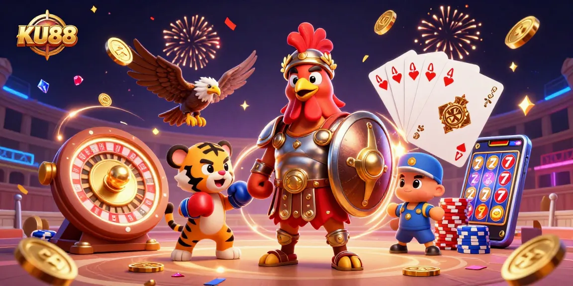KU88 brings thrill to gambling as the gladiator rooster battles in a vibrant 3D casino scene.