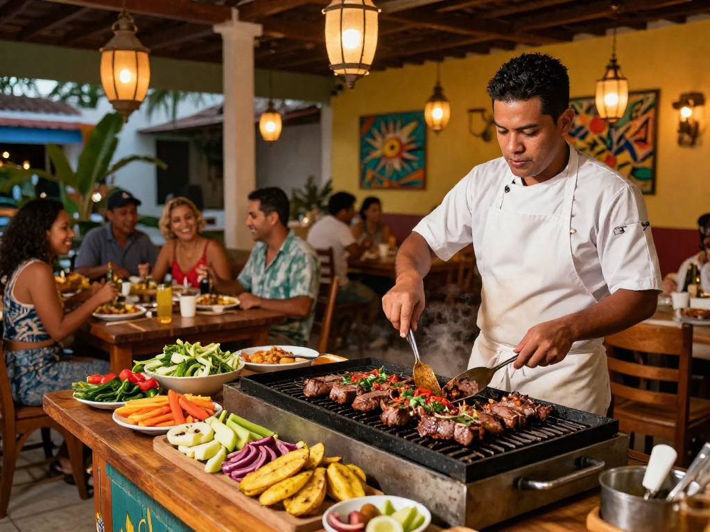 Delicious vaca frita preparation at a Cuban restaurant, best vaca frita near me, vibrant evening atmosphere.