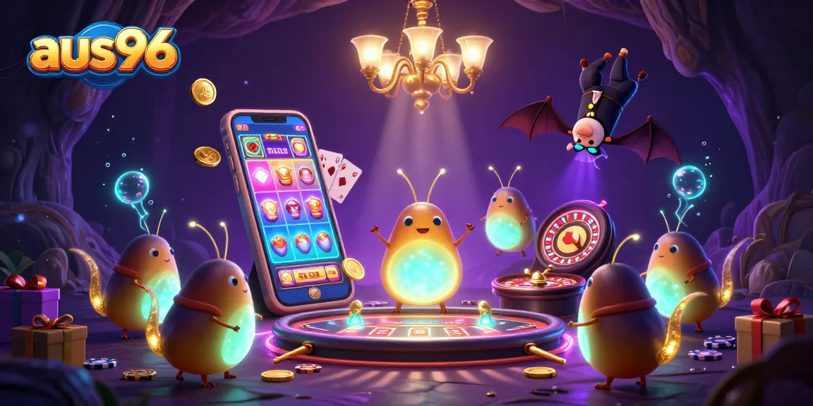 Experience the excitement of aus96 with glowing glowworms illuminating a vibrant cave casino scene.