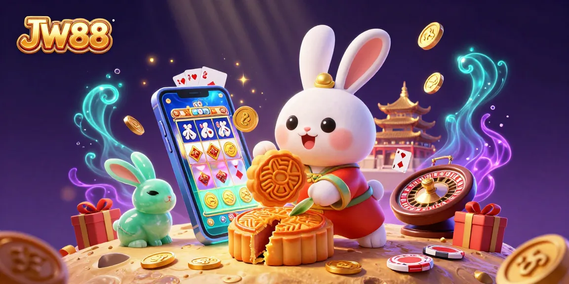 Experience JW88's thrilling gaming scene with a whimsical moon rabbit surrounded by vibrant casino elements.