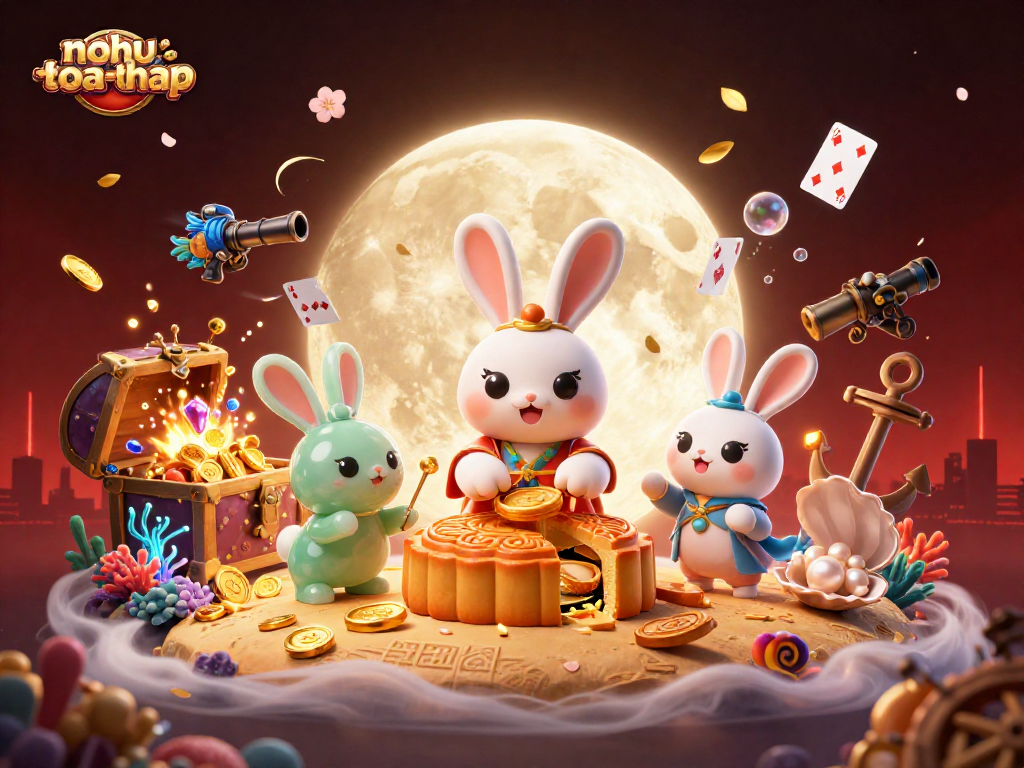 Nohu-toa-thap presents a captivating scene of the moon rabbit revealing poker chips amid the excitement of treasure-filled gaming.