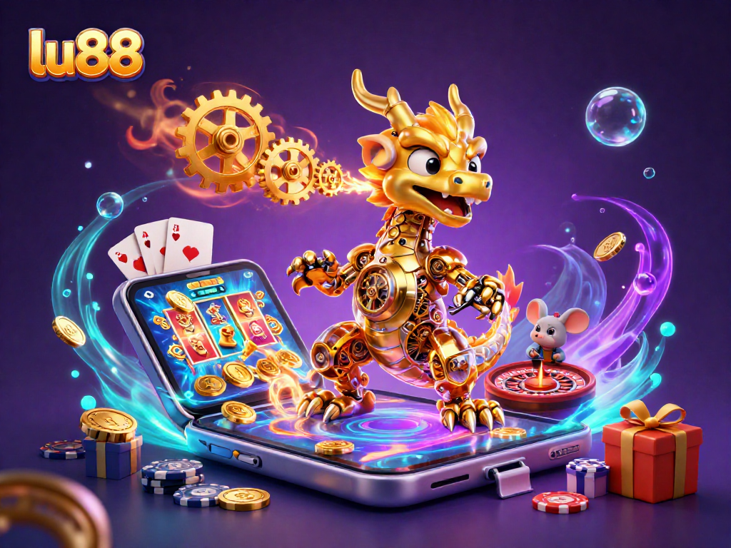 Experience the thrilling casino atmosphere at lu88 with a golden dragon and vibrant slot games.