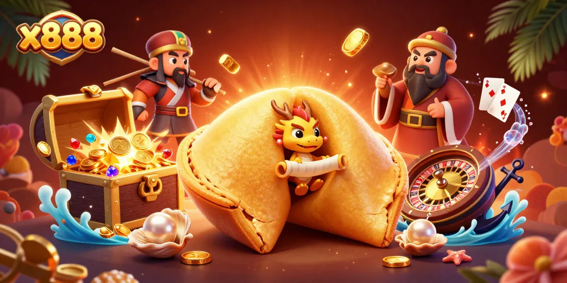 x888 unveils a vibrant casino scene with a golden fortune cookie, dragon, and roulette elements.
