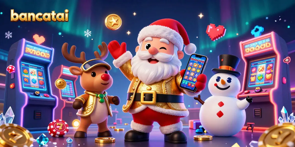 Play slots with bancatai's animated Santa, reindeer, and snowman in a vibrant casino scene.