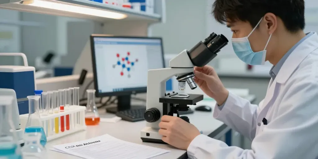 Researcher analyzing ss-31 peptide for sale under microscope in lab.