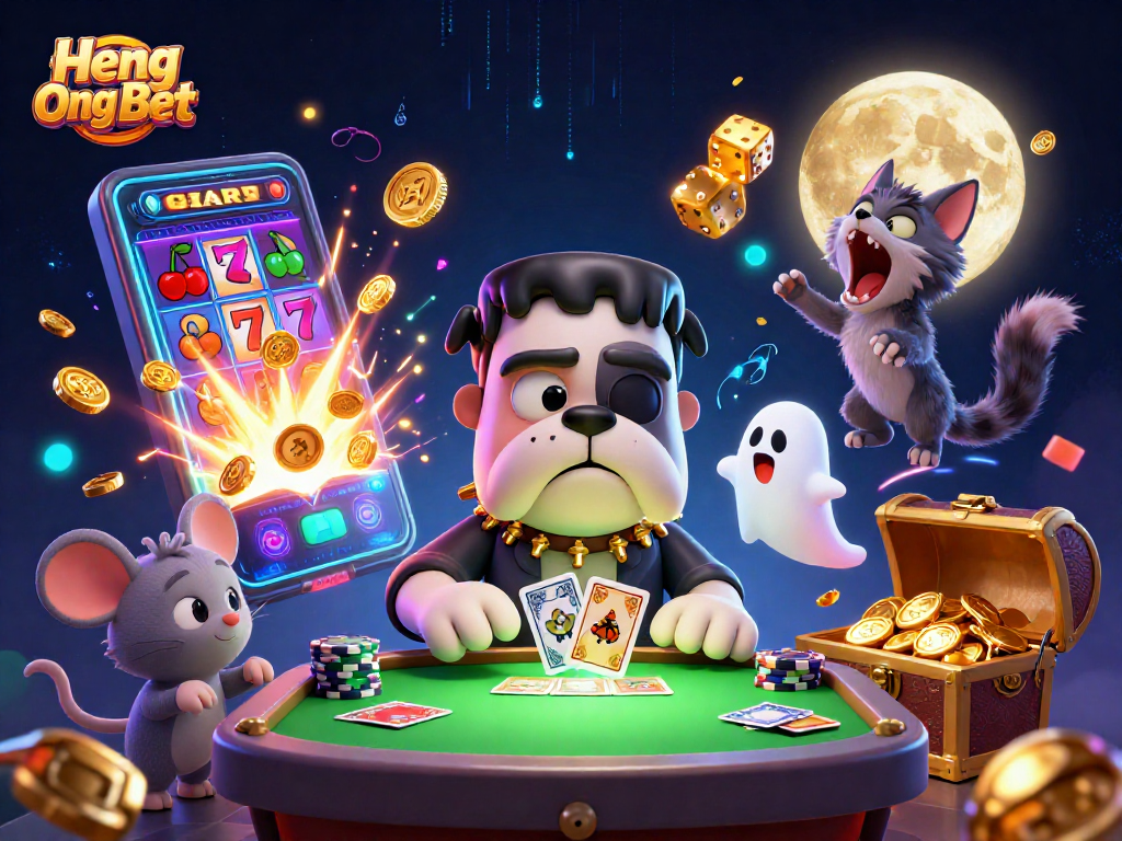 Engage with dynamic Heng Ong Bet card games featuring a cartoon bulldog dealer.
