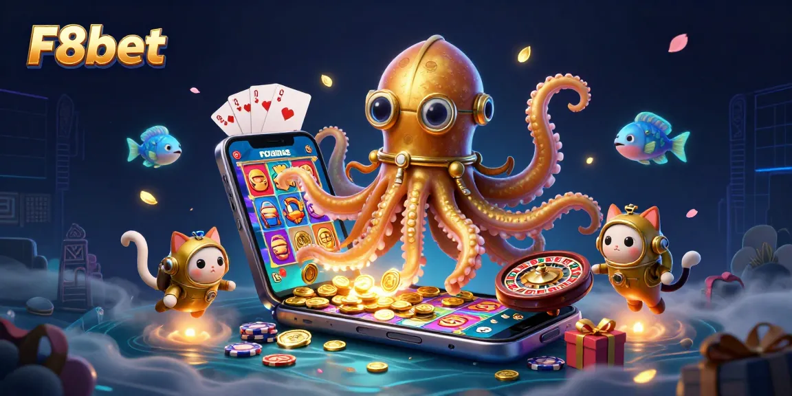 Join F8bet in an electrifying casino adventure with a kraken, diving cat, and deep-sea fish.