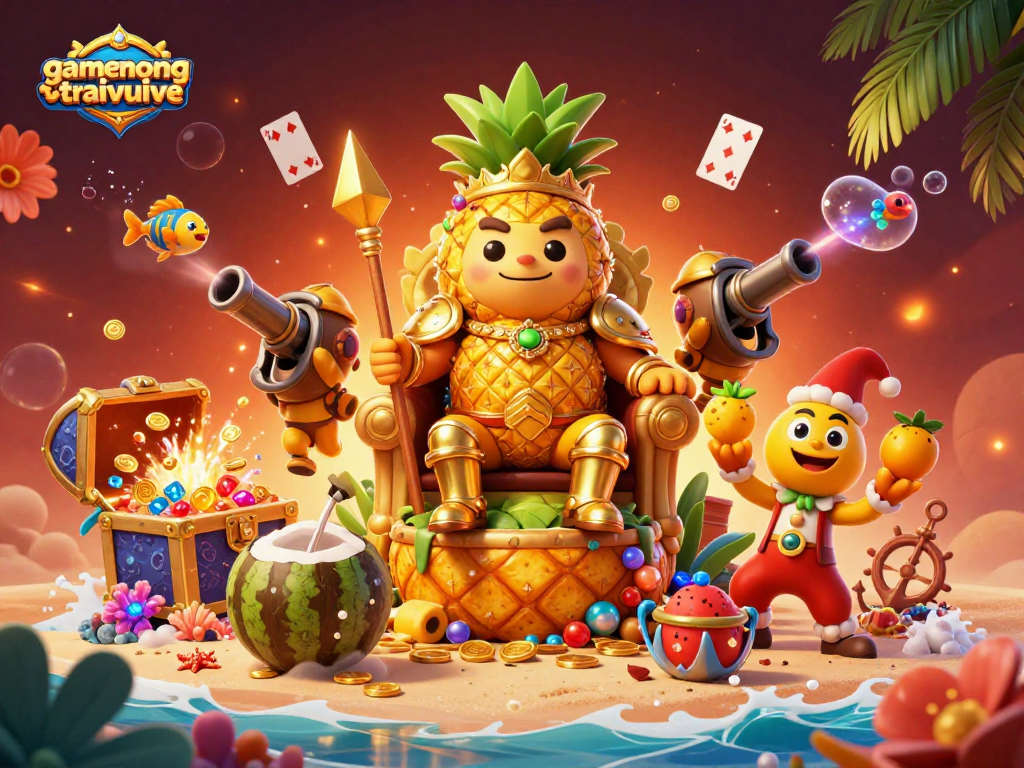 Engage with gamenongtraivuive at a vibrant beach casino, featuring a golden pineapple king and treasure-filled adventure.