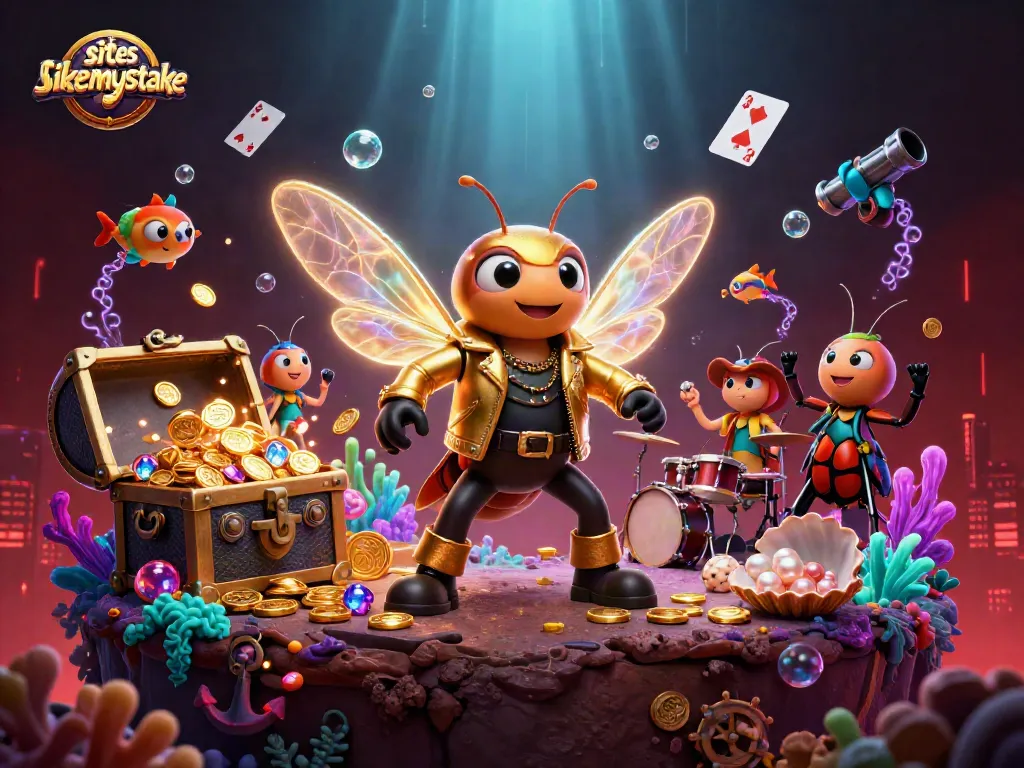 Win big at siteslikemystake with the cicada rock star, a beetle drummer, and crickets.