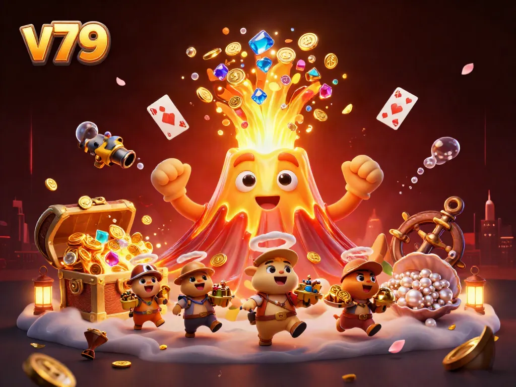 Experience the excitement of v79's gaming world with a vibrant 3D scene of a golden volcano erupting treasures.