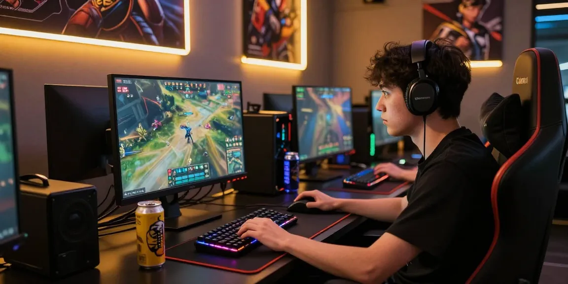 Engaged gamer focusing on M98 ล๊อตเว็บตรง 2026, surrounded by high-tech gaming gear and vibrant ambiance.