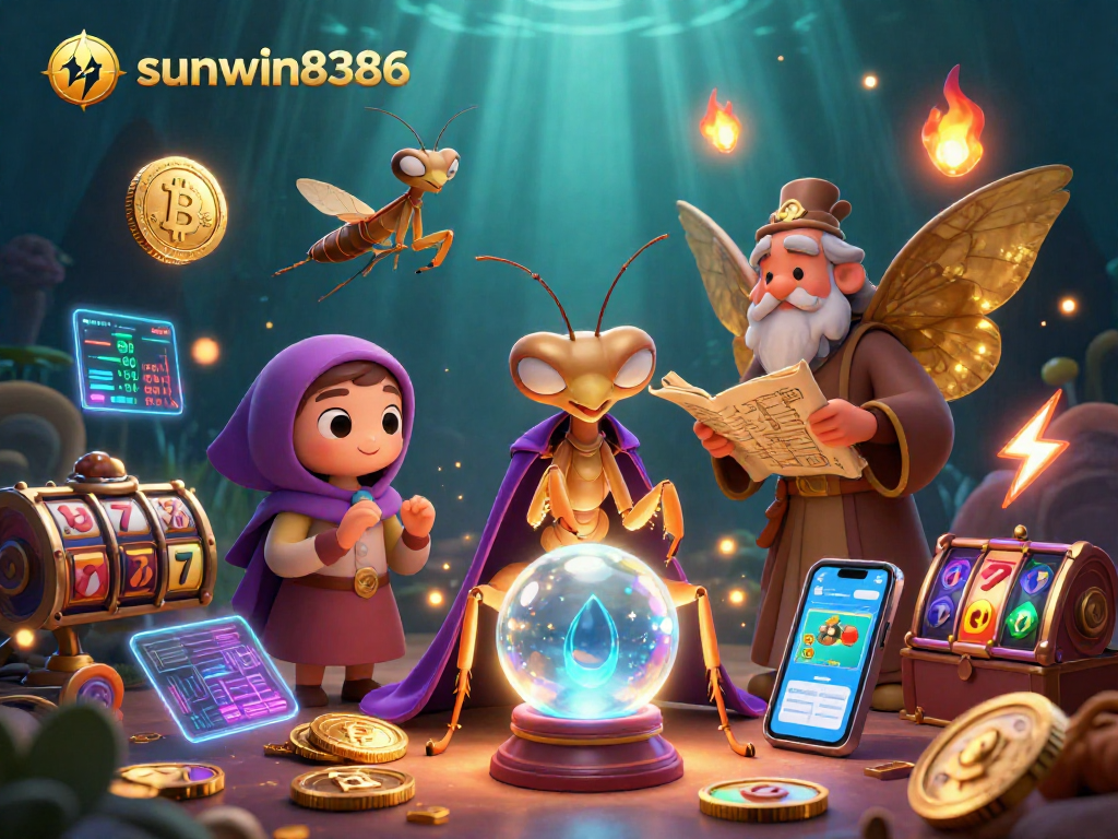 Playfully engaging with sunwin8386, a fortune teller and moth librarian reveal jackpots amid sparkling slot elements.