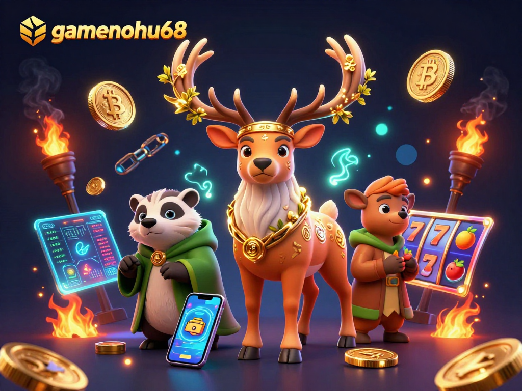 Join the adventures of gamenohu68 in a vibrant casino-themed fantasy illustration with magical creatures.