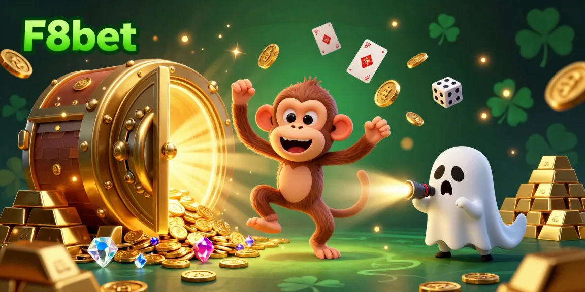 Engage with F8bet's lively atmosphere featuring a playful monkey and ghost-hunter puppy in a haunted casino.
