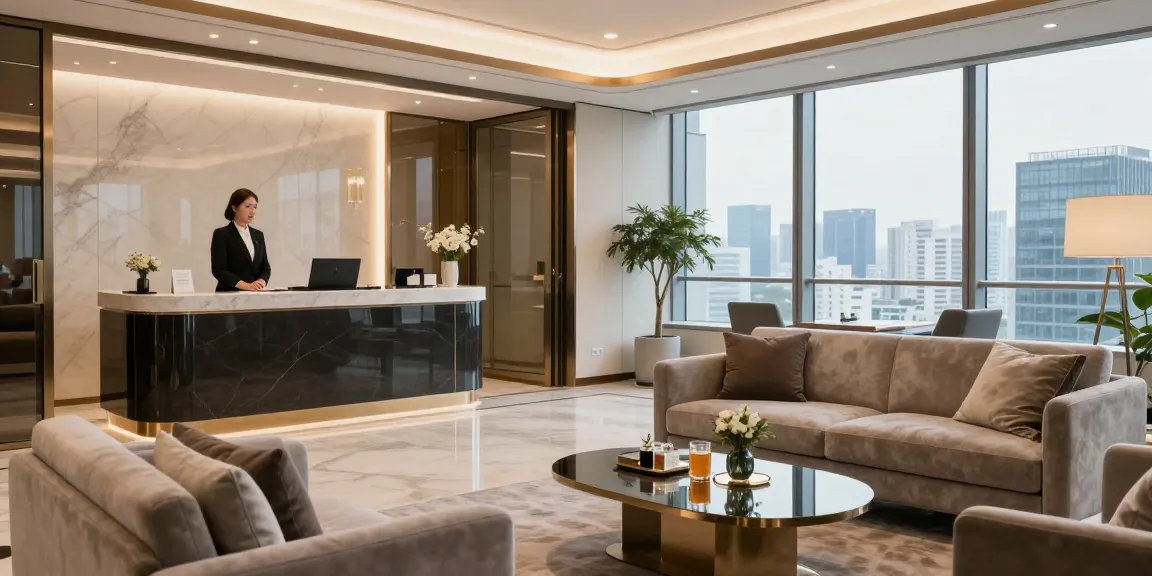 구미오피의 고급스러운 프라이빗 오피스텔 공간과 환영하는 직원 모습