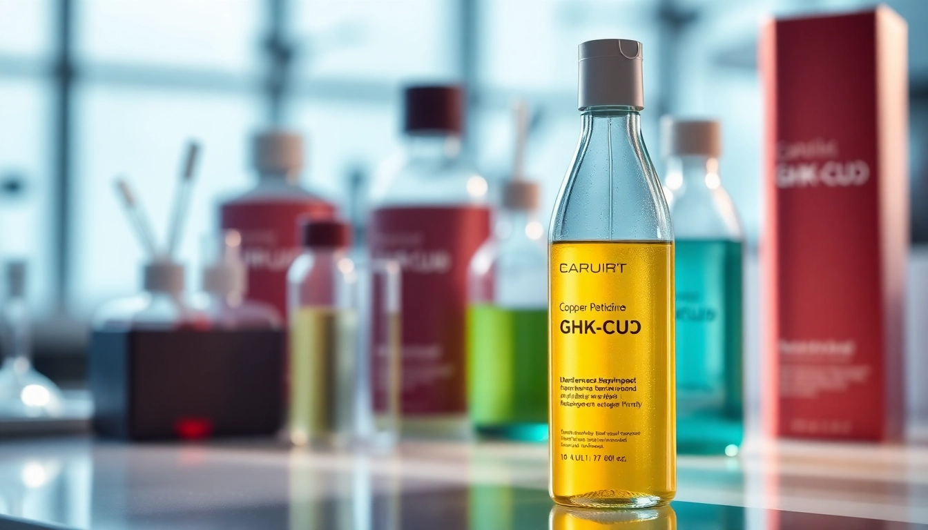Copper peptide GHK-Cu shampoo displayed elegantly in a lab setting, emphasizing purity and efficacy.