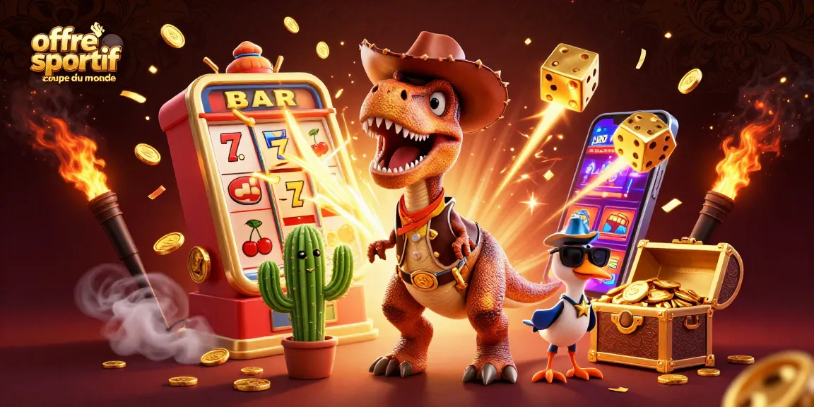 Offre paris sportif coupe du monde avec un T-Rex cowboy et une machine à sous explosant de trésors.