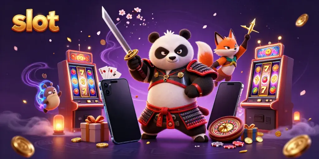 Slot menarik dengan karakter kartun samurai panda dan ninja rubah dalam suasana kasino.
