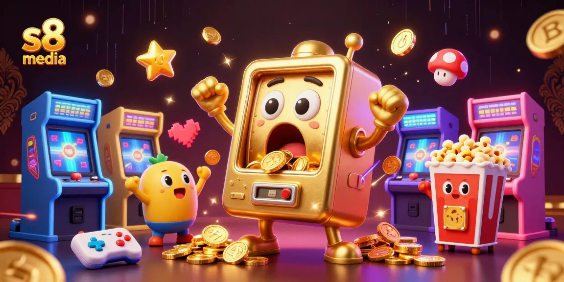 Engage with s8 media's dynamic 3D illustration of a jubilant golden slot machine hitting a jackpot amidst colorful gaming elements.