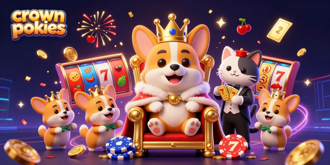 Experience crown pokies excitement with a royal corgi on a poker chip throne amidst engaging slot elements.