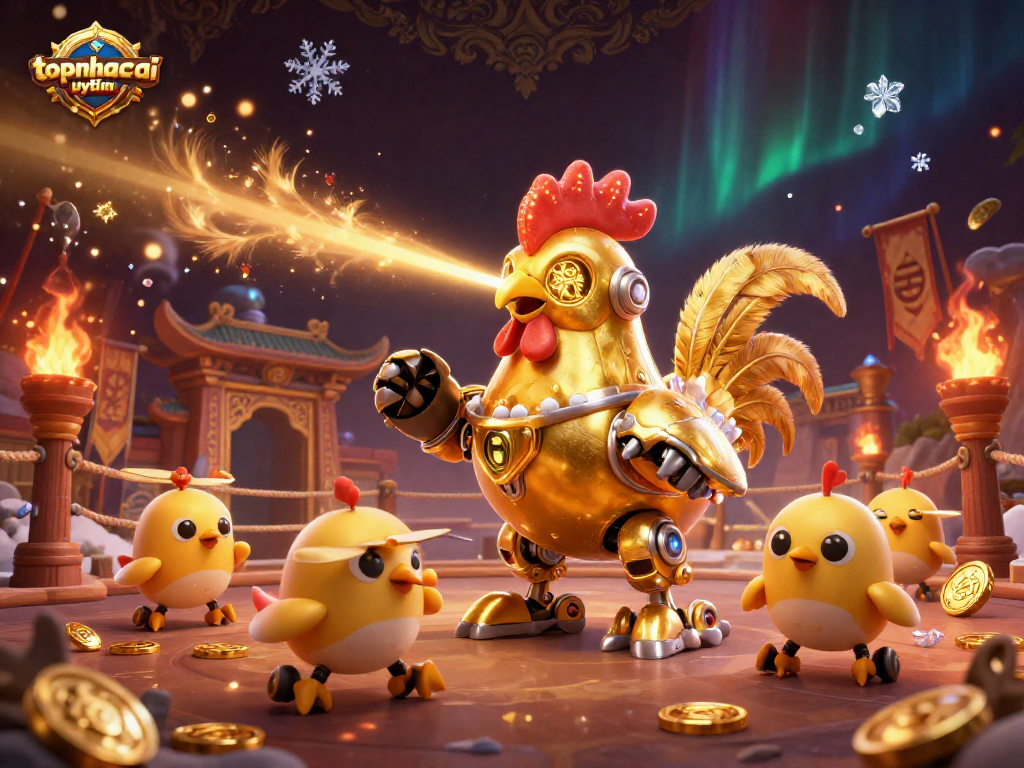 Engage with topnhacaiuytinn as the golden rooster robot entertains in a vibrant casino scene.